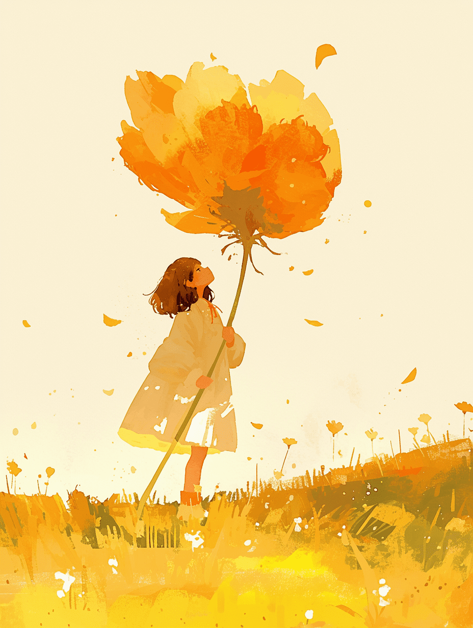 A girl holding a huge flower, micro art, girl standing in the autumn field basking in the sun, autumn sun shining brightly, simple background, simple lines, a lot of white space, tilted picture, upward view, strong visual impact --niji 6 --seed 1896939470