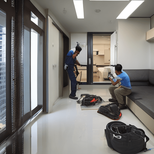 A maintenance technician who is asia male, in a large, modern apartment building. The task is to perform routine checks and repairs on various interior systems and equipment. The apartment space is stunning view and sleek and contemporary, with a mix of open-plan areas and private. Your toolkit includes a variety of tools such as screwdrivers, wrenches, pliers, a multimeter, and a set of spare parts.