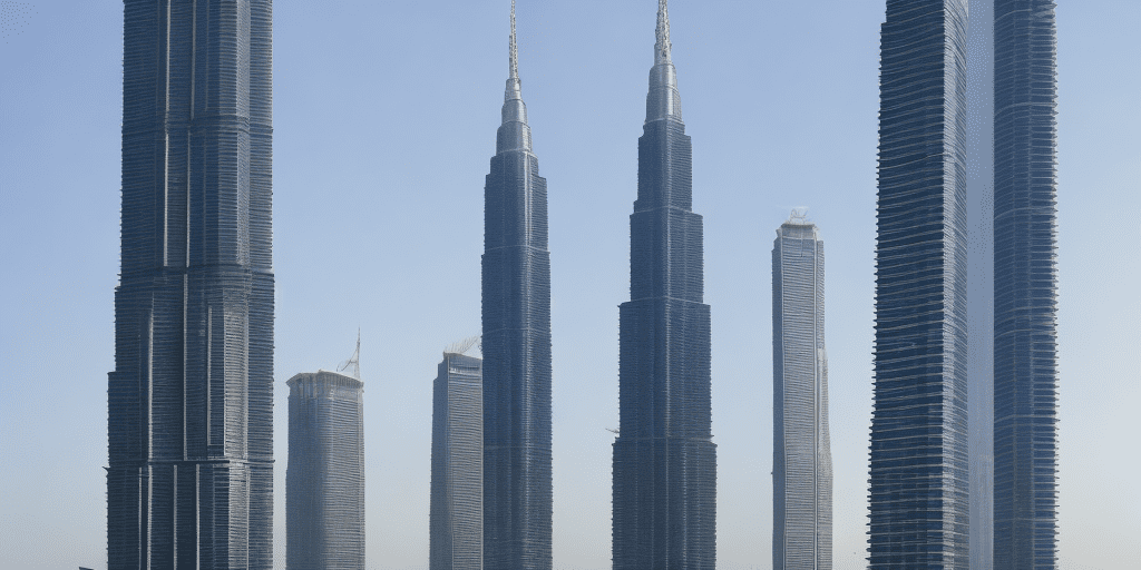 A photo of an ultra-modern single-column tower built 6000 floors high, using 50 million sea containers. The tower stands prominently in line with other iconic towers - burj khalifa, taipei 101, petronas towers, sears tower, empire state building, and chrysler building. The towers forms a backdrop to the new building for a birds eye view. The image must highlight the magnitude and height difference. Less