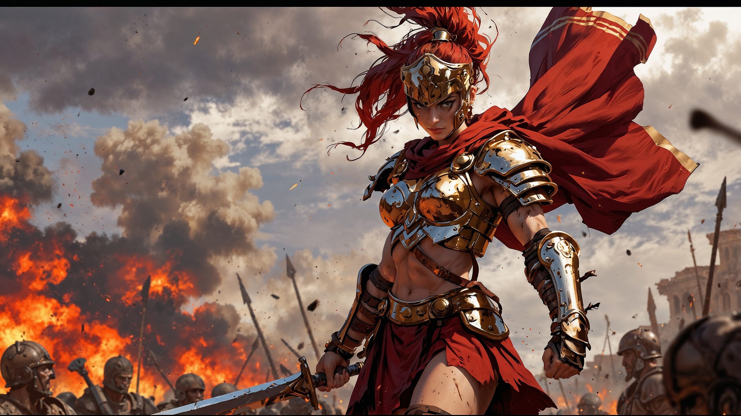 Vibrant and cinematic image of a strong and fierce roman female centurion standing confidently on a ravaged battle ground, her animated anime features contrasting with the desolate surroundings, her determined facial expression underscored by striking almond-shaped eyes, porcelain-smooth skin with a subtle golden undertone, and raven-red hair styled in a high ponytail adorned with golden pins, wearing a intricately designed roman centurion armor , with a flowing red cape billowing behind her, set against a dramatic backdrop of smoke and flames, with the subtle hint of a forgotten cityscape in the distance, the overall aesthetic blending traditional roman motifs with stylized anime elements, rendered in vivid colors with bold lines and textures, and a sense of dynamic movement as if the warrior is about to leap into action.