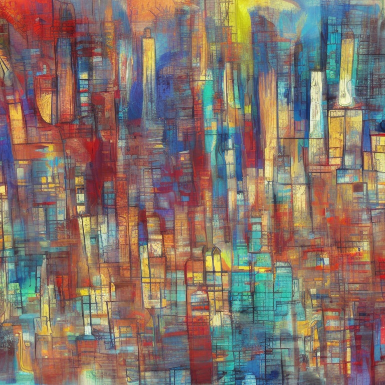 Two people observing a city from afar, abstract style, painted by baskait