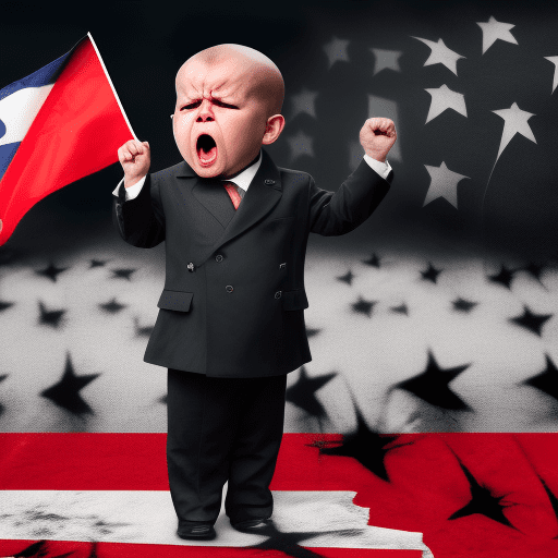 Angry dictator baby gives speech to crowd in an ominous surreal setting, flags of crossed out pitbulls wave, hyper realistic, 4k, photo-realistic, ultra-detail