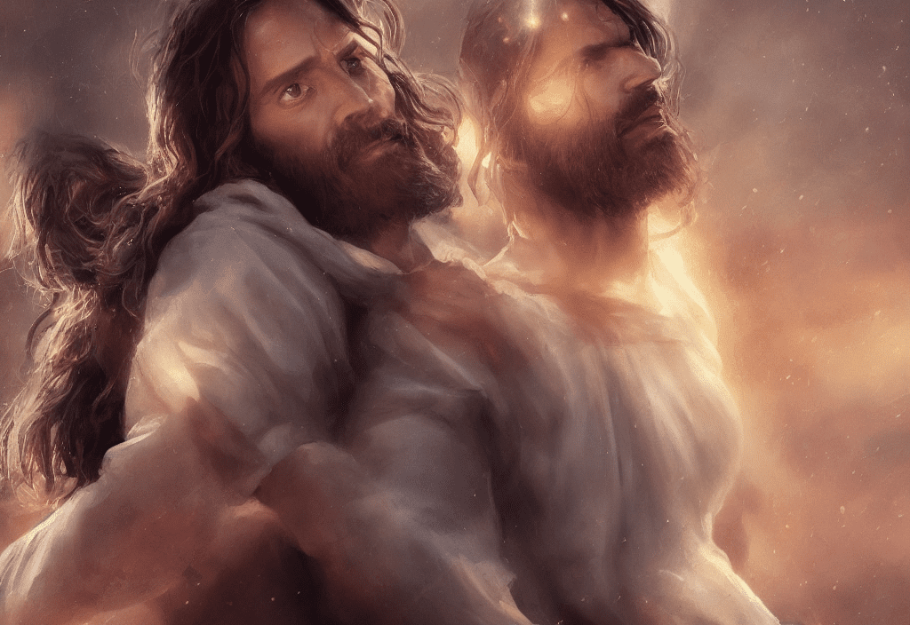 Jesus taking someone by his hand and walking towards the gates of heaven. , handsome man, gorgeous face, show by 4k, energetic brushstrokes, movie poster, golden ratio, in cgsociety trends, difficult, epic, from artgerm, detailed bright, staged character rendering, super high quality model, handsome face, bokeh background