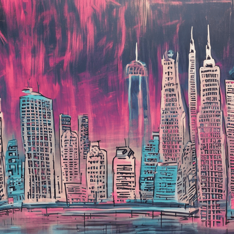 Skyline of a city at night, painted by baskiat, blue and pink colors.