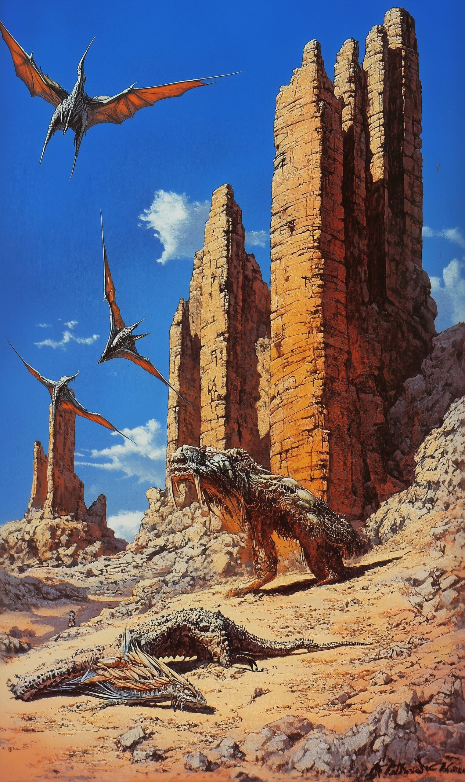 Pulp art illustration of strange animals and creatures in the desert, red rock formations, and blue sky in the style of frank frazetta and moebius. --ar 19:32 --v 6. 1