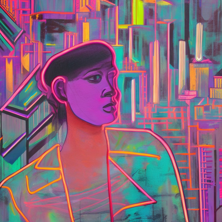 Person with a deep gaze in front of a city, baskiat painting, neon colors, blue, pink, purple