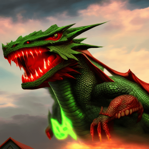 A green dragon with glowing red eyes emerging from the clouds in the sky, front view, no background, full-body frame, no clipping.