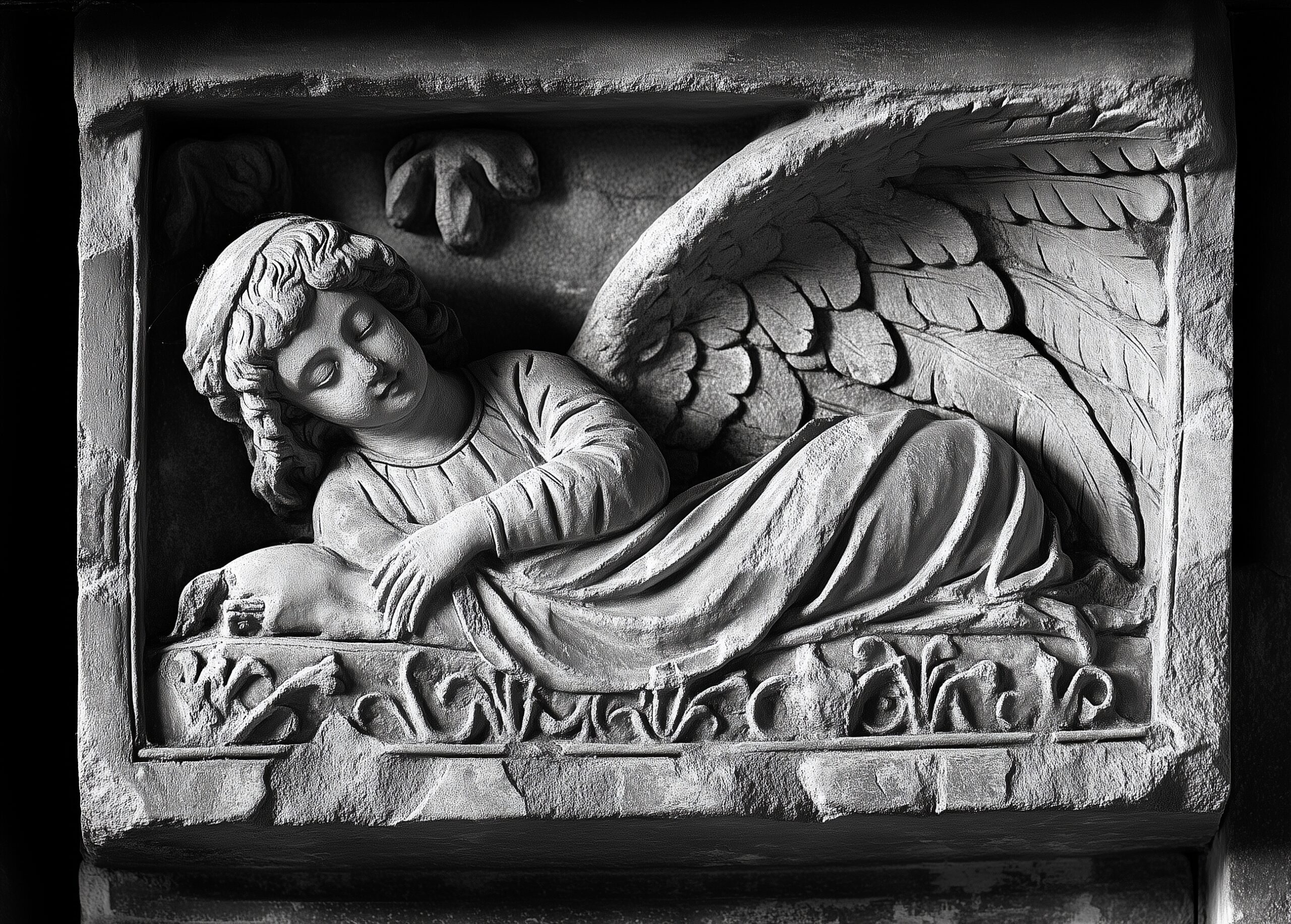 A photo of an ancient medieval stone carving, depicting the angel gabriel with wings, flying and pointing to a sleeping couple in a carved bed. The image is in black and white. --ar 93:67 --v 6. 1