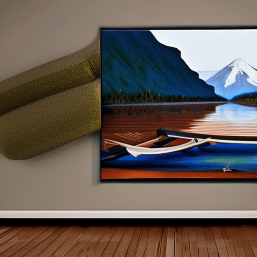 A surreal photograph of a river floating out of an oil painting on a living room wall and spilling over a couch and the wooden floor. The painting depicts a tranquil river between volcan. A ship gently bobbing in the water and entering the living room. The river's edge spills onto the wooden floor, merging the world of art with reality. The living room is adorned with tasteful furniture and a warm, inviting atmosphere. , cinematic, photo, poster