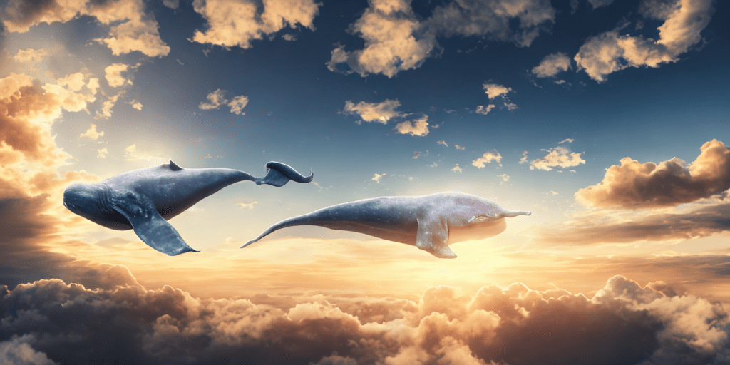 High resolution photography interior design, dreamy cloud sky, blue whale flying in clouds, the sun at the sunset; 4k, intricate detail, photorealistic, realistic light, wide angle focused, extreme details, cinematic, masterpiece