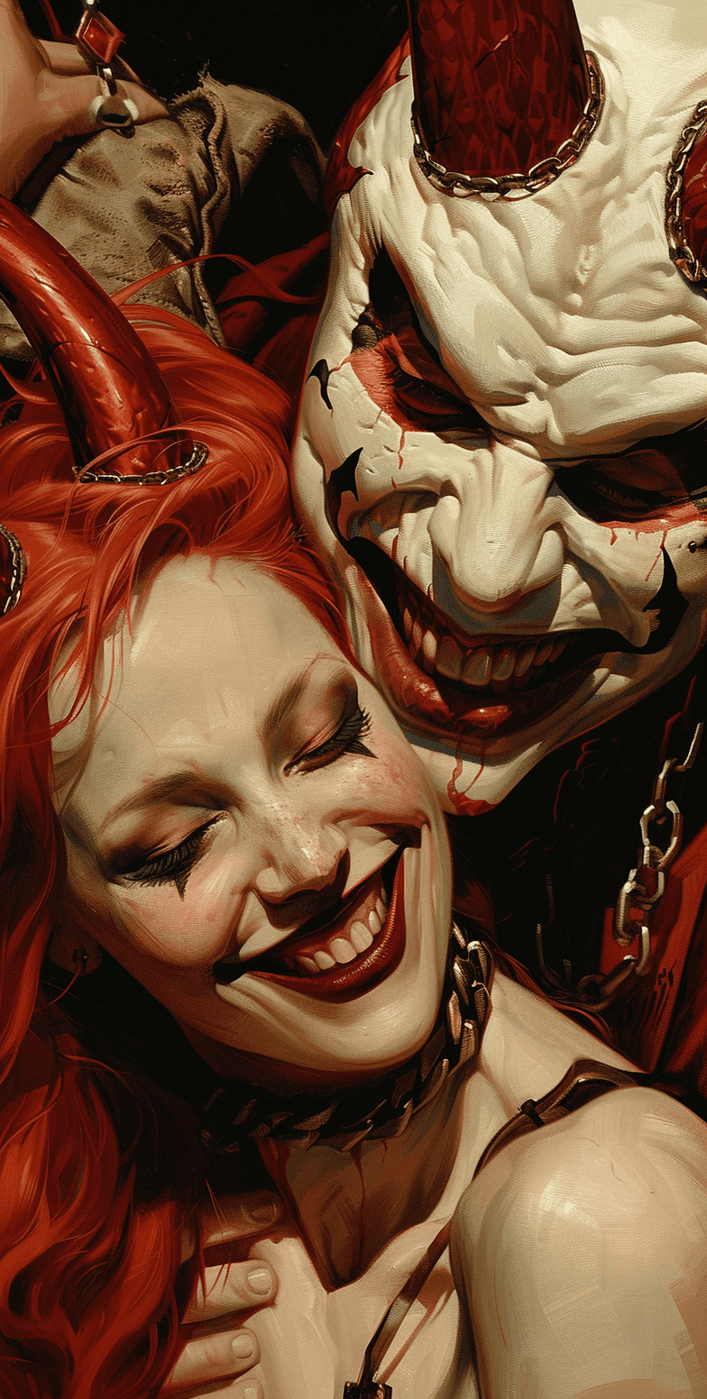 Close-up of a beautiful albino woman with white skin and red horns smiling, a fantasy illustration depicting the demon alchancier from the book the dark knight on mars, 2073 ad. She is holding his head while he is sleeping, wearing a devil mask that resembles a human face but has large horns growing out from the top part of her forehead. It also features sharp teeth and small black eyes, and a red tail. The background is a dark room. --ar 65:128 --s 250 --v 6. 0 --style raw