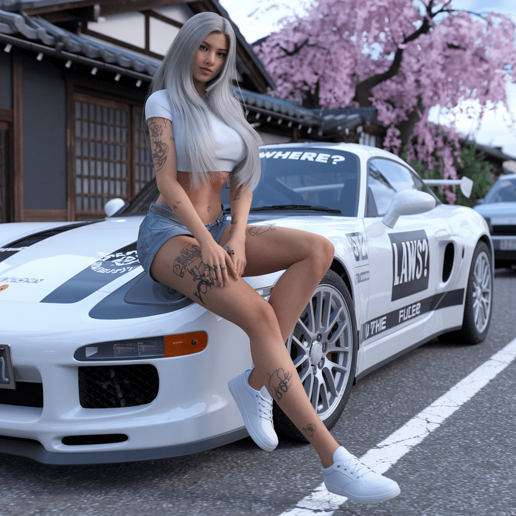 A digitally rendered realistic photo of a stunning and gorgeous female character with long silver hair. She is sitting on the h*od of a white sports car. The car has several decals and stickers, including one that reads 'laws? Where? '. The female character is adorned with various tattoos on her legs and arms. She wears a white cr*p t*p, denim shorts, and white sneakers. The background features a traditional japanese setting with wooden structures, a pink cherry blossom tree, and a road with another car parked in the distance.