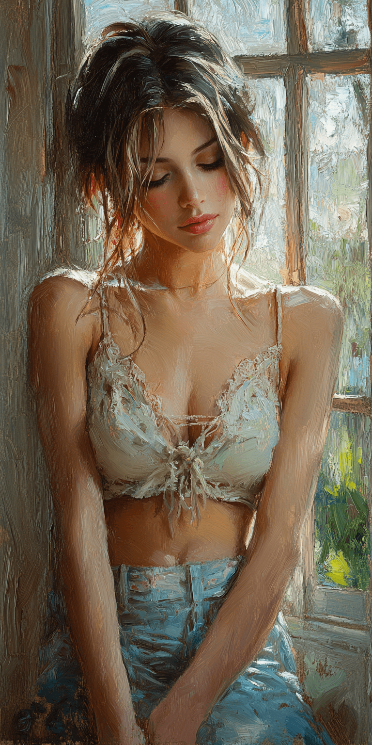 A painting of a woman sitting near a window, in the style of beautiful women, playfully intricate, heavy impasto, i can't believe how beautiful this is, romantic flair, close-up --ar 1:2 --stylize 750 --v 6. 1