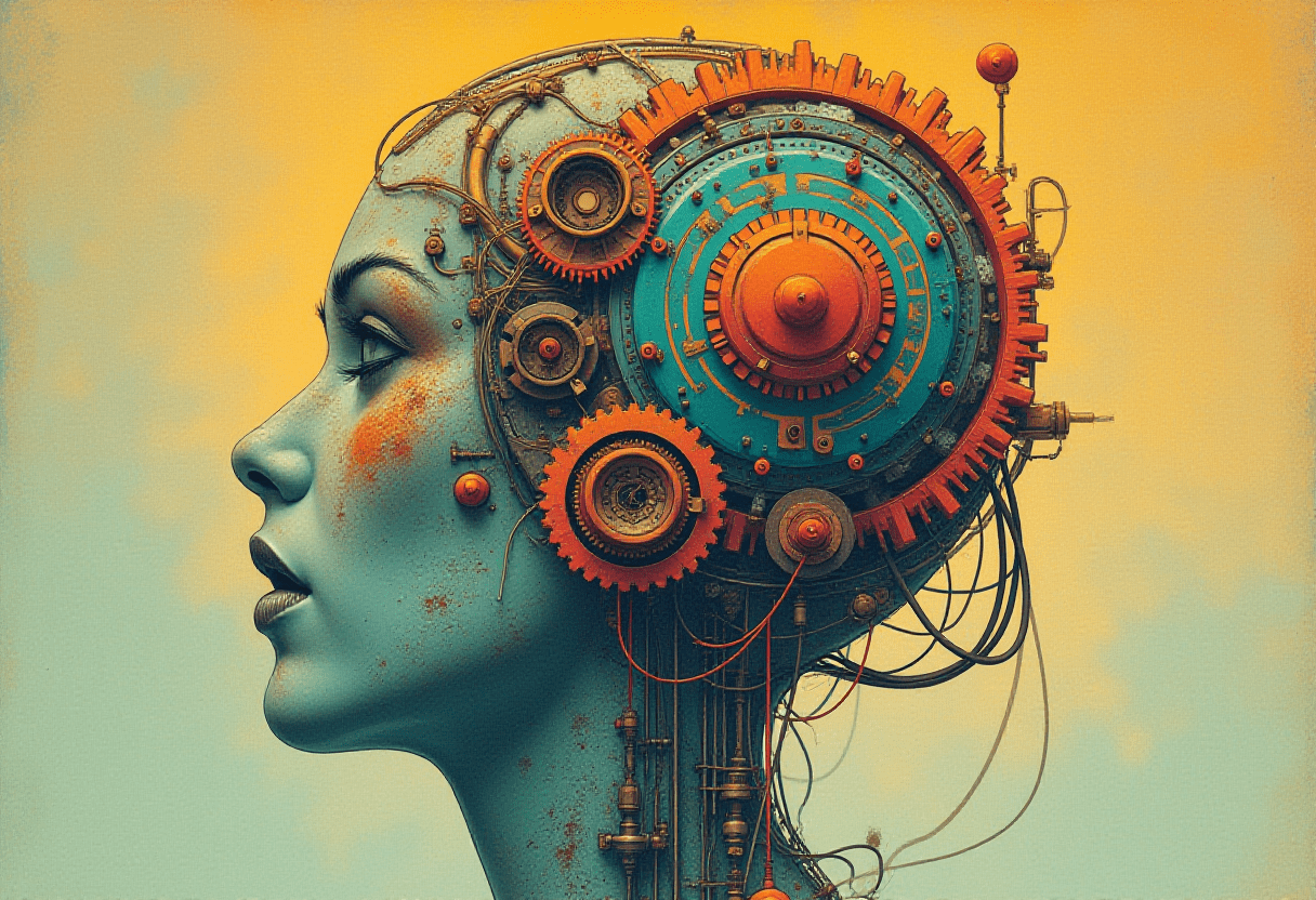 Scientific photography of an illustration of a head and a gear wheels on top of it, in the style of futuristic contraptions, realistic hyper-detailed rendering, cyan and amber, mechanized precision, daz3d, symmetrical, lowbrow, gritty industrial, broad light