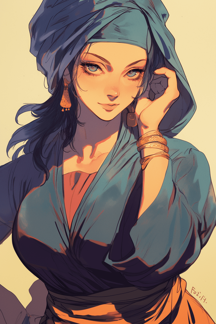 A beautiful ottoman woman, she is wearing traditional outfit. 1990s anime style