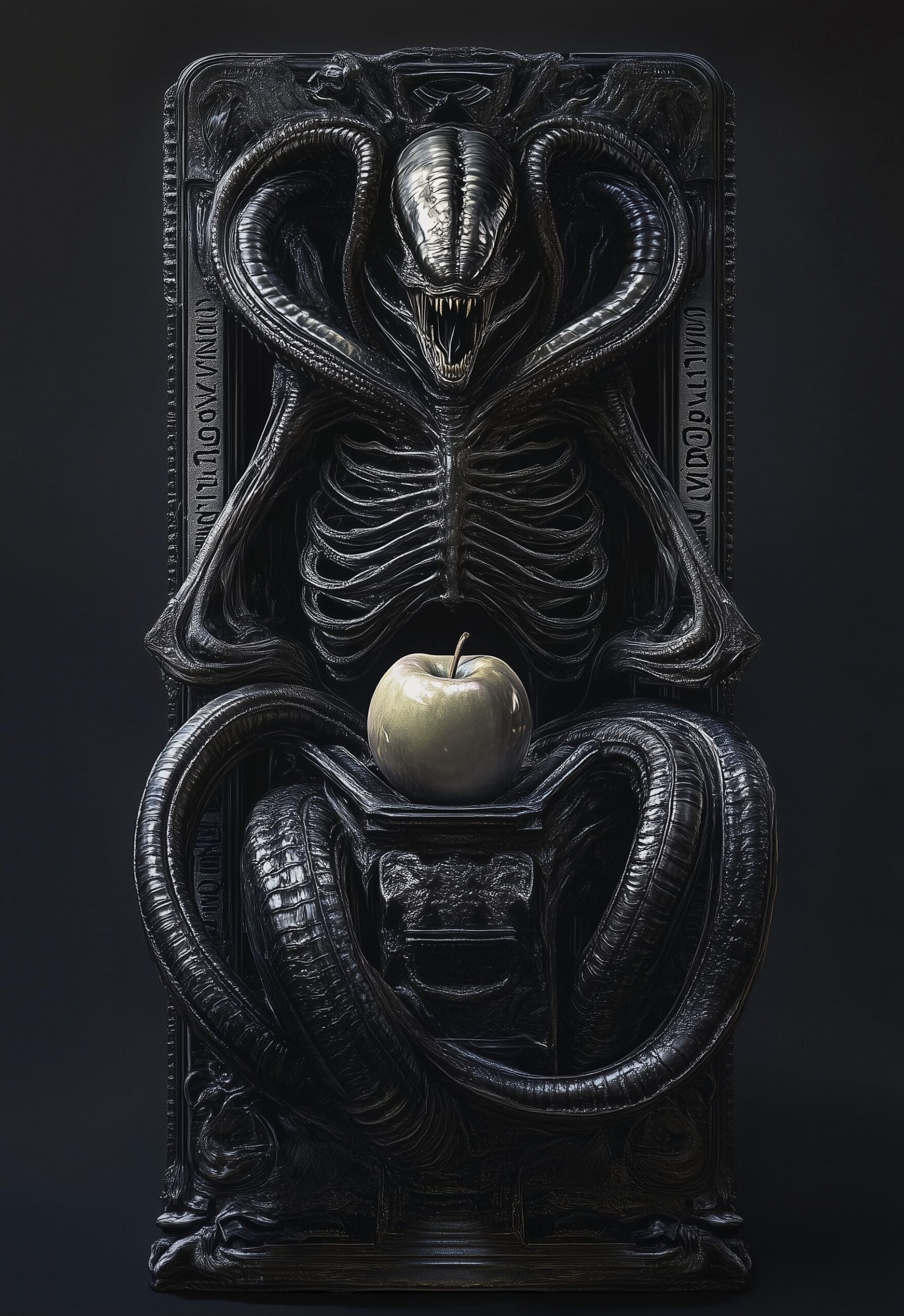 A detailed drawing of the anatomy and structure, in the style of h. R. Giger, depicting an intricately designed black stone tablet with alien writing etched into it. Resting on top is an apple made from chalcedony, placed between two giant snakes, in the style of goro fujita and alex grey. --ar 11:16 --v 6. 1