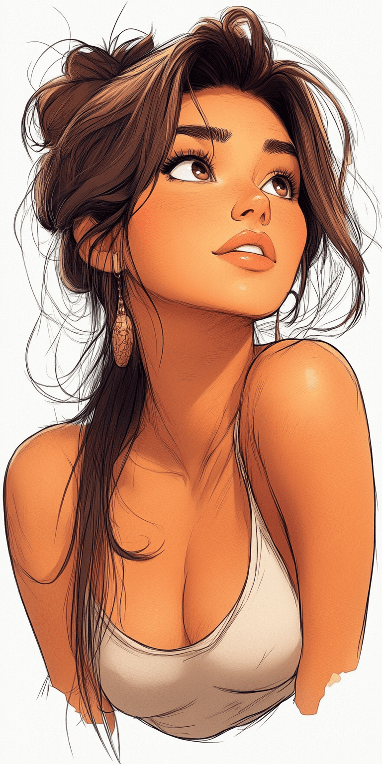 A simple cartoon of a beautiful woman with brown hair, white background, princesscore, i can't believe how beautiful this is --ar 1:2 --personalize 2gwf1qc --stylize 750 --v 6. 1