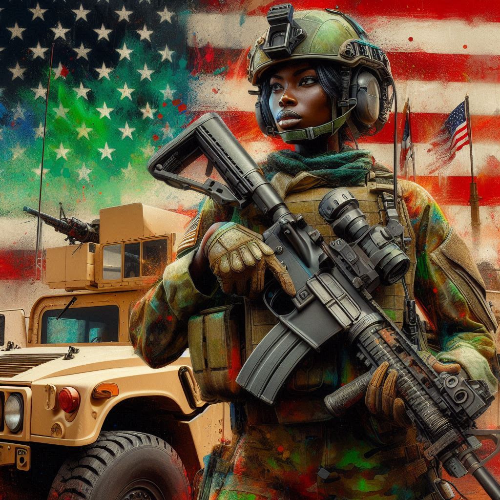 Hyper realistic image in a contemporary african american art style, with splashes of afro-futurism, of a african american female military trooper, wearing a military helmet, holding her military rifle, standing in front of a tan military humvee, red, green, black colored us flag in the background, 64k uhd highlight the details