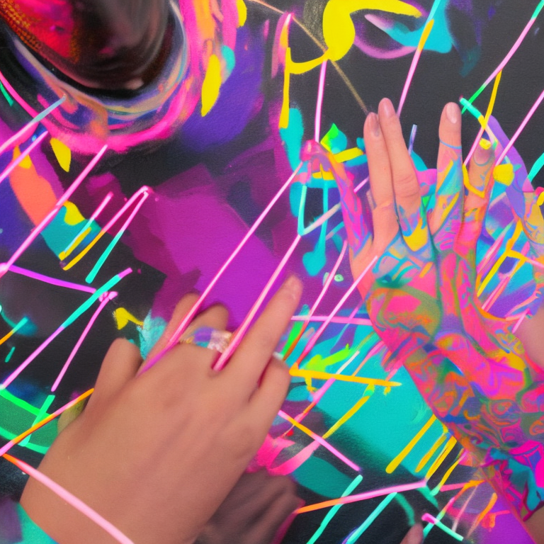 A person in the middle of a party, painting with baskiat style, neon colors, blue, purple, pink.