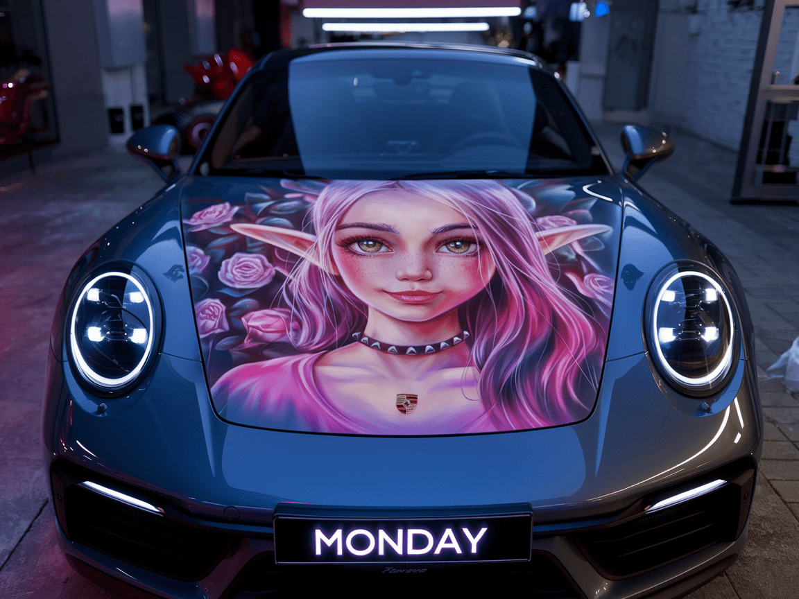 The word "monday" is neon lit on the front bumper below the painted artwork, a cinematic, award-winning photo of a vividbright luminescent artwork on the h**d of a porsche sports car of an amazing realistic sweet stunning young woman with a fli*ty expression, with long pink-purple flowing hair, cute smile, hazel highly detailed sharp focus realistic eyes, and sweet face. The artwork woman appears to be wearing a studded necklace and has a somewhat elven appearance with a pink shirt and surrounded with roses, the image has a great composition, harmonic colors, and a 4k resolution. The scene is cinematic and realistic, giving it a real life like motion