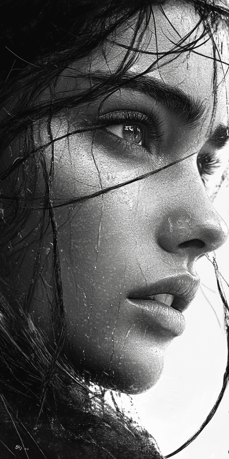 The woman in black and white with long hair, in the style of realistic marine paintings, datamosh, exaggerated facial features, warmcore, northwest school, 8k, charming sketches --ar 1:2 --personalize 2gwf1qc --stylize 750 --v 6. 1