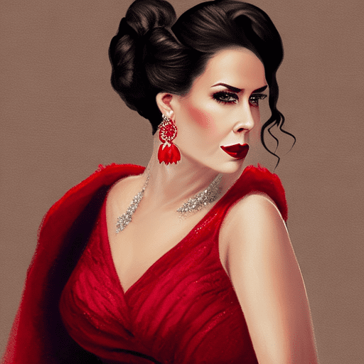 A woman with dark hair in an elegant updo, wearing a red deep v-neck gown, bold red lipstick, and dangling earrings. She stands against a muted, textured background with soft lighting highlighting her dramatic makeup and the gown's fabric.