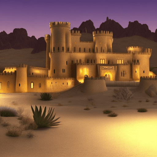 Castle in desert oasis at night