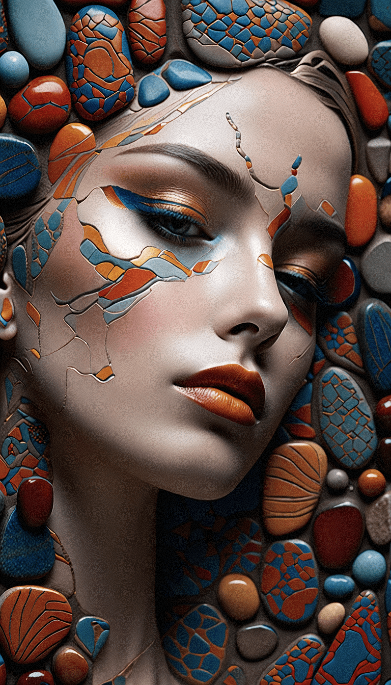A close-up picture of a beautiful woman superimposed by a collection of variously sized stones with intricate patterns and a range of colors including blues, reds, oranges, and grays. The texture within each cell varies, some appearing cracked and dry, while others are smoother, giving the overall image a rich tactile quality. The natural pattern and the contrasting colors create a captivating and complex visual texture.
