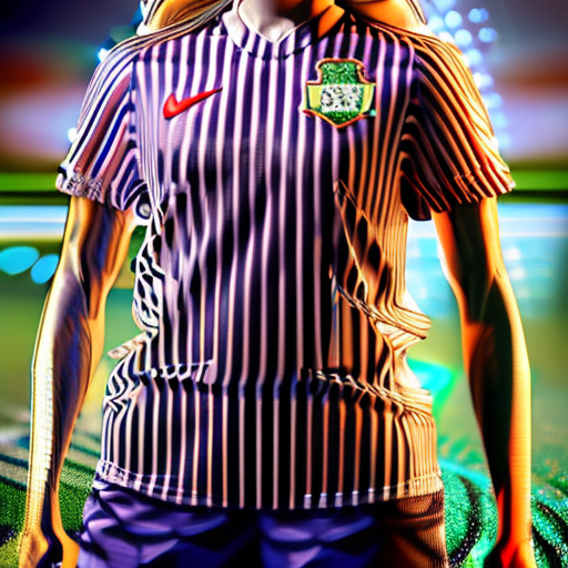 Professional sports athletic woman dressed as soccer player, soccer ball, smiling, football pitch in background, (((full body visible) )), looking at viewer, portrait, photography, detailed skin, realistic, photo-realistic, 8k sharp focus, highly detailed, full length frame, high detail raw color art, piercing, diffused soft lighting, shallow depth of field, sharp focus, hyperrealism, cinematic lighting