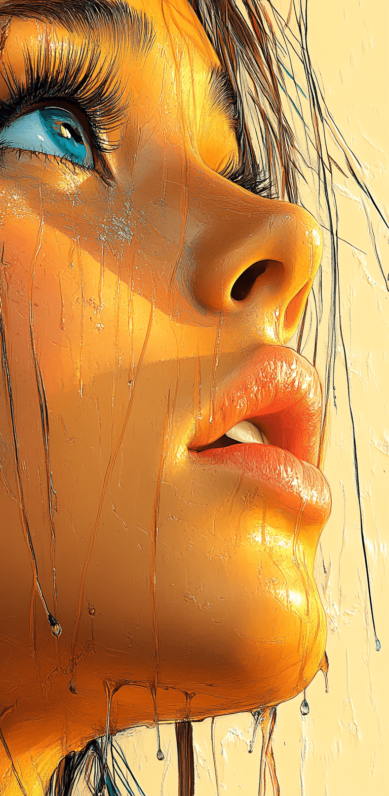 Color drawing of a woman's face, daz3d, blink-and-you-miss-it detail, emotional landscapes, realistic anatomies, strip painting, reflections --ar 63:128 --personalize 2gwf1qc --stylize 750 --v 6. 1