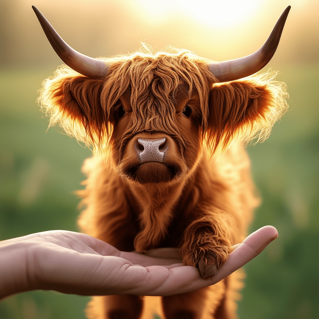 Tiny baby highland cow with shaggy reddish-brown coat and curved horns, standing upright in the centre of a human hand