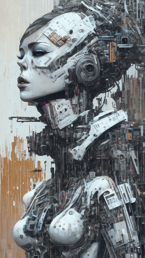 Full body view of a woman's white face with flat white skin, intricate cyberpunk art inspired by sandra chevrier and featured on artstation, vibrant street art, a mechanical girl composed of many bits of metal, influenced by peter gric and dan mumford, futuristic, cinematic lightning, fusion of woman and robot, trash polka style, whose mind is pure machinery, fragmented features, extreme melt art, neuron robot art --ar 9:16 --no text
