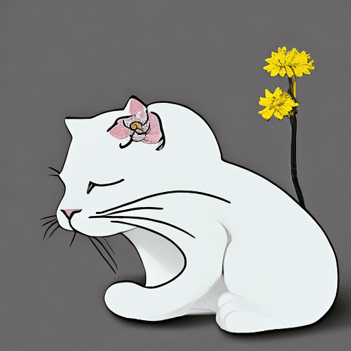 White cat and flower in a takeshi kitano style, in a minimalist and humorous setting, simple and straightforward style with a touch of modernity and humor. 8k --ar 3:4 --s 50 --v 6. 0 --style raw