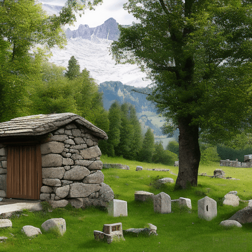 A stone hut, without windows, with a wooden roof in a meadow near the woods of the alps. Inside the hut which has the door open you can see small statues and pagan tombstones. In the distance you can see an ancient roman villa