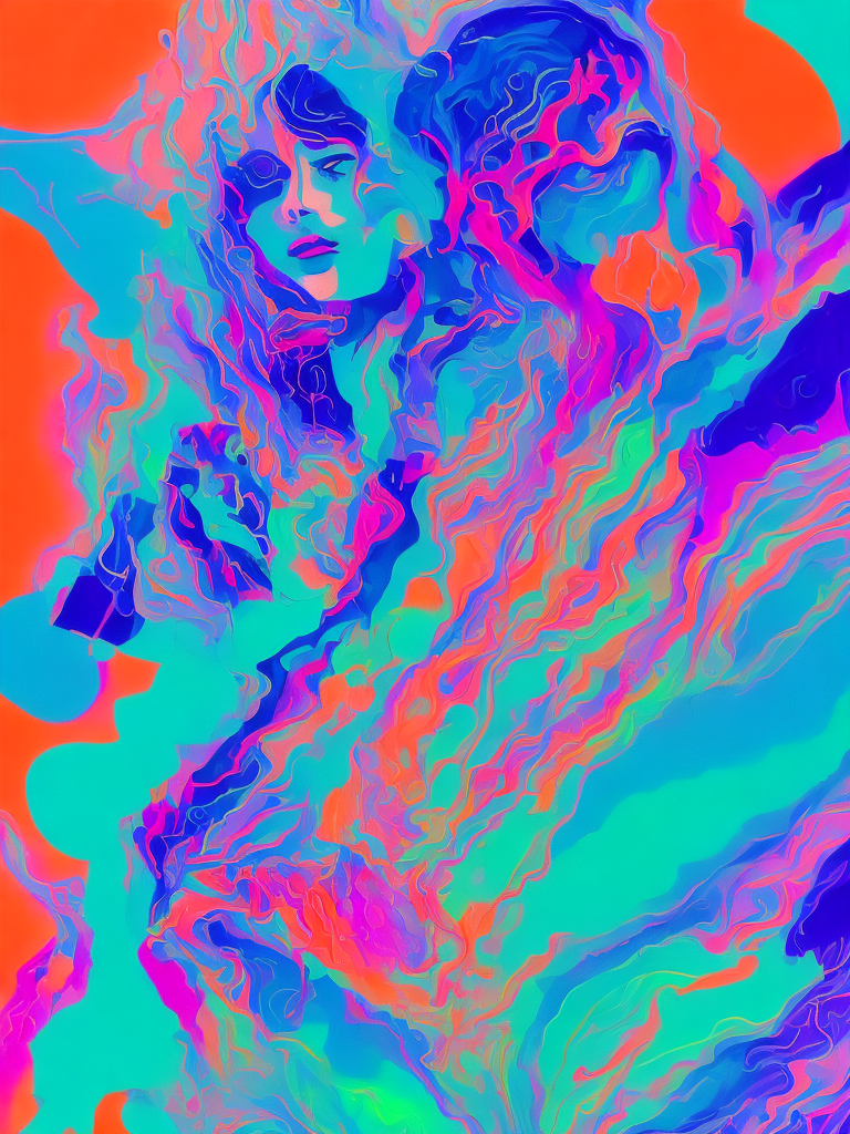 Abstract drawing, the woman's silhouette barely perceptible, holding a key in her hand, soft ghostly outline dissolving into the background, a stunning explosion of colors vivid oranges, azure blues, hot pinks, neon purples, and electric greens swirl and flow like liquid, merging in chaotic yet harmonious waves. Futuristic elements emerge floating geometric shards, neon circuitry spiraling in and out of focus, holographic patterns shifting, glowing abstract symbols flickering. The silhouette hints at a figure, abstract lines suggesting arms and a face, but it’s fragmented, almost dissolving. Neon streaks of light burst from the silhouette, merging into a fractal network of wires and glitching data streams. Fragmented cityscapes and neon billboards peek through the chaos, distorted and bending like reflections in a rippling surface. Floating orbs, futuristic drones, and holographic dragon shapes twist through the vibrant scene, dissolving into waves of energy. Psychedelic layers pulse with brightness, creating depth. The entire scene radiates energy, dreamlike and disorienting, an abstract fusion of digital beauty and chaos.