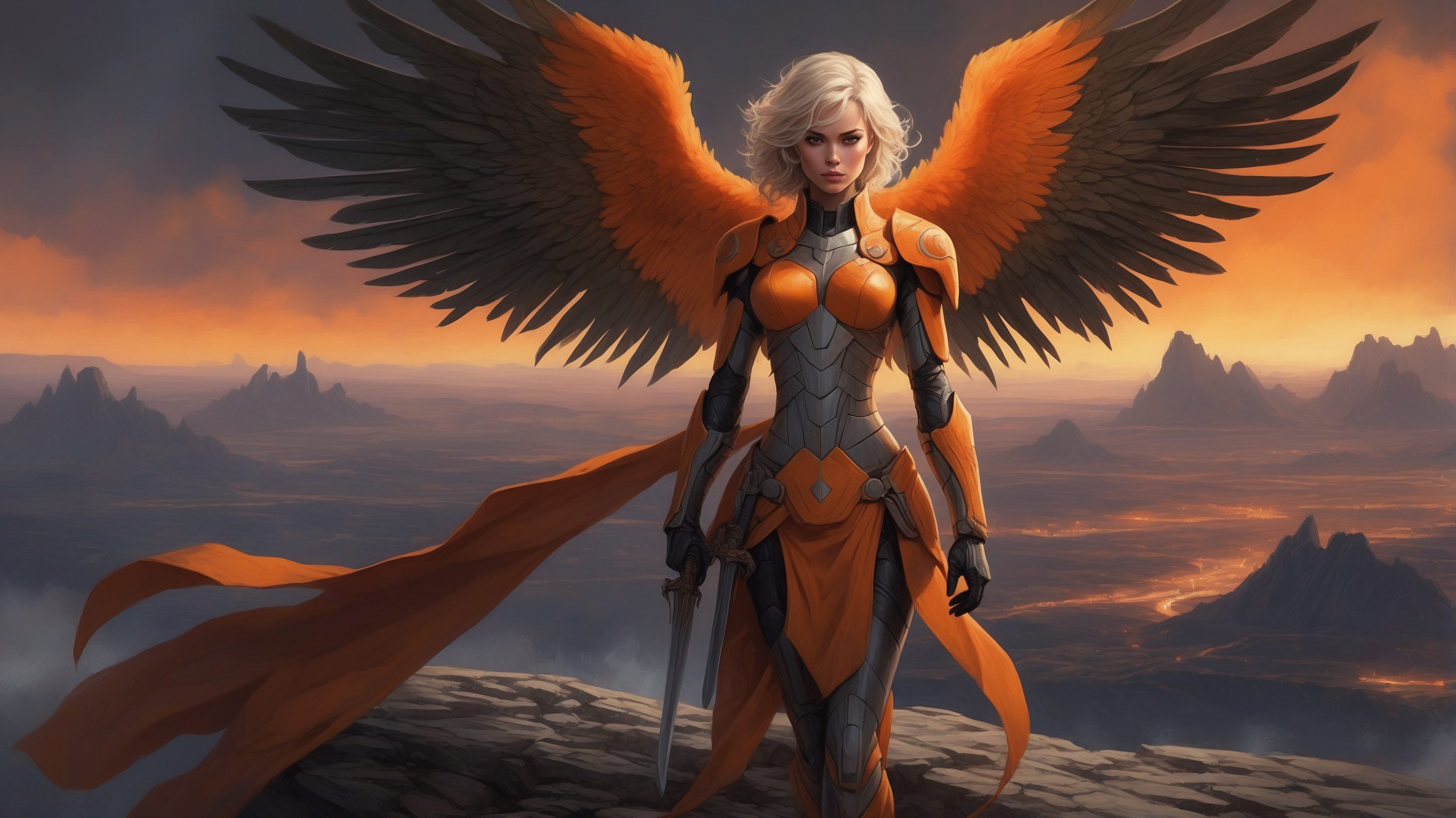 Highly detailed, dramatic digital illustration in a comic book style. The layout features a central figure, a woman with short, light-colored hair, wearing a futuristic, armored suit. She has a determined expression on her face. Her skin is light, and she is depicted with strong, confident posture. The most striking feature is the large, fiery orange wings extending from her back, contrasting sharply against the dark, stormy background. She holds a glowing, orange sword in her right hand, which matches the color of her wings. The background includes rugged, rocky terrain and a sky filled with dark clouds and orange embers, enhancing the intense, apocalyptic atmosphere of the scene.