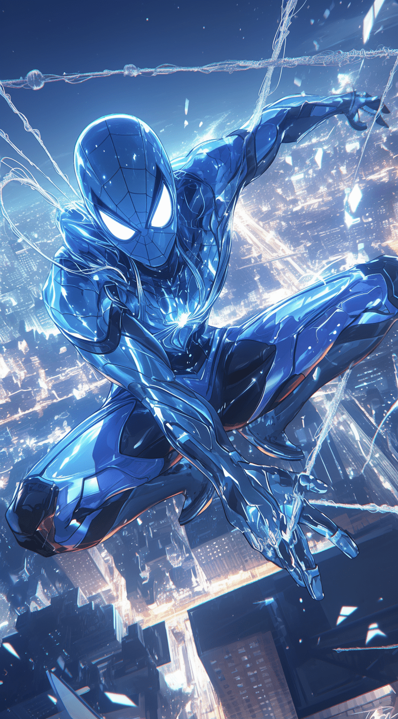 Spider-man in the style of tron, with neon lights and a hyper-realistic, unreal engine-powered aesthetic. --ar 71:128 --stylize 750 --niji 6