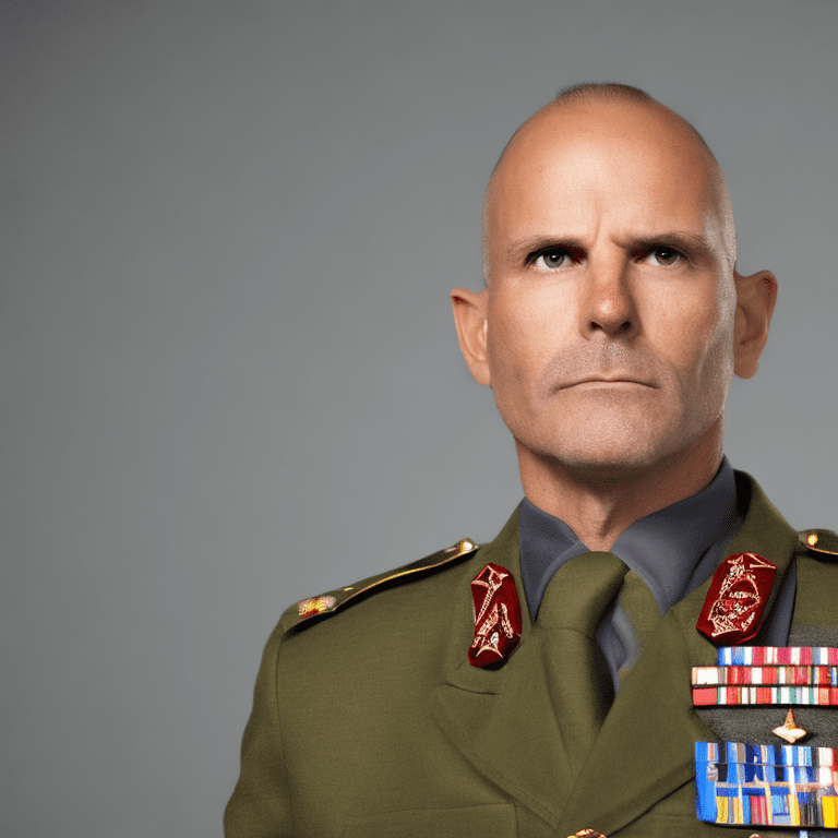 Handsome, fit, 50 year old 5-star army general in dress uniform, looking pensive