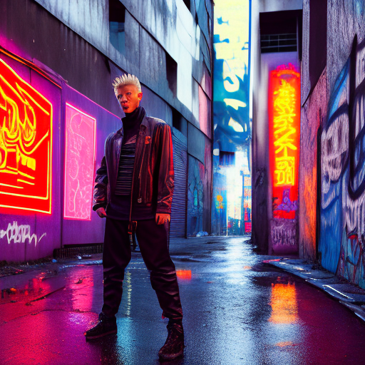 Sukuna from jujutsu kaisen, leaning against a graffiti-covered wall in an urban alleyway, wearing a leather jacket, casual smirk, hands in pockets, dusk lighting with neon signs in the distance, low-angle shot, dramatic lighting, gritty atmosphere, detailed street textures, city lights reflecting off puddles. In the style of 32k uhd --ar 71:128 --niji 6
