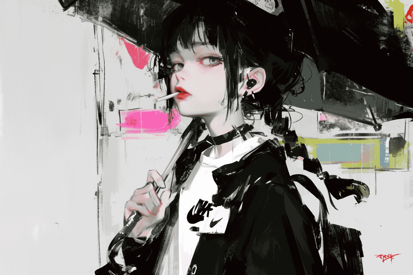 Wednesday adams wearing nike t-shirt, a twisted braid on two sides, holding an black umbrella, standing