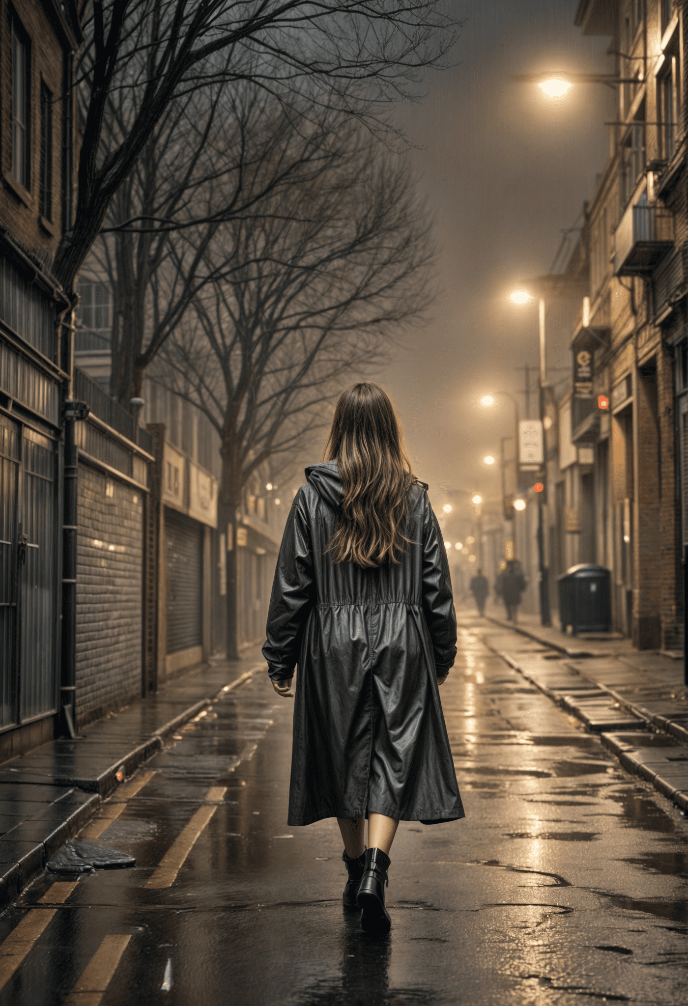 A backview of a woman walking alone down a wet pavement on a grim, gloomy day. Her long, straight hair flows slightly in the wind, damp from the drizzle. She wears a long, dark raincoat, with the hood down, her shoulders slightly hunched, giving off a sense of sadness and isolation. The sky is overcast with heavy grey clouds, casting a muted, cold light over the scene. The pavement is slick from the rain, reflecting faint glimmers of light from street lamps or distant buildings. Her posture exudes melancholy, her hands buried in her coat pockets as she walks away, leaving a feeling of quiet sorrow in her wake. The muted tones of the rain, the foggy atmosphere, and the lonely urban setting enhance the mood of desolation and introspection, turning the scene into a subtle, emotional work of art.