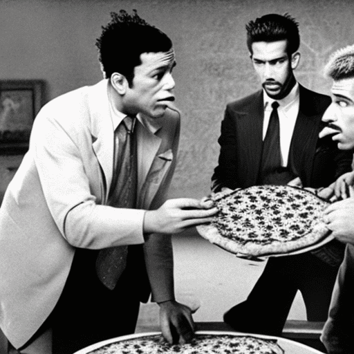 Journalist photo of two gangsters forcing a men to eat pizza with pineapple on the top