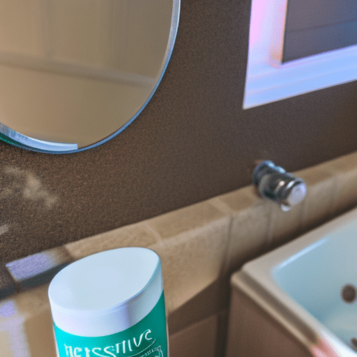 A toothpaste container with a label that reads "coco - for sensitive teeth", on top of a bathroom counter, photo-realistic as if taken from a dlsr camera.