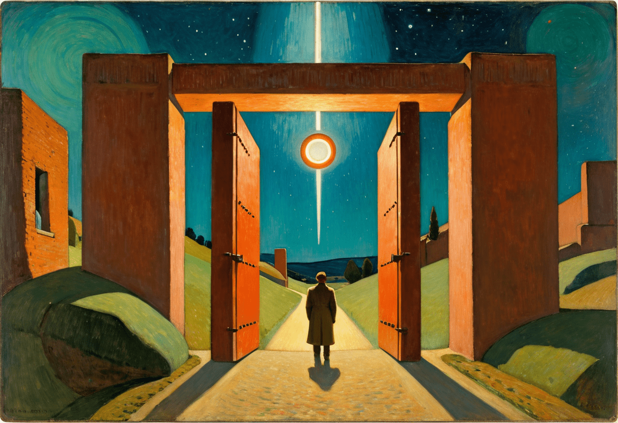 The gate to another dimension, futuristic fantastic lighting, masterpiece, high quality of power", (by paula modersohn-becker:1. 0) , (michael carson:0. 7) , colin campbell cooper, modernism art, 80mm, matte, sci-fi, all