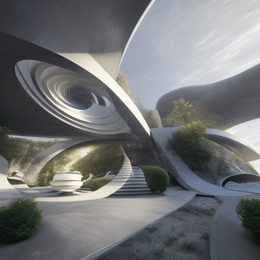 Beautiful architectural visualization of a futuristic residence with a spiral-shaped exterior, resembling a seashell. Showcase the interplay of light and shadow on the curved surfaces, evoking a sense of tranquility and harmony.