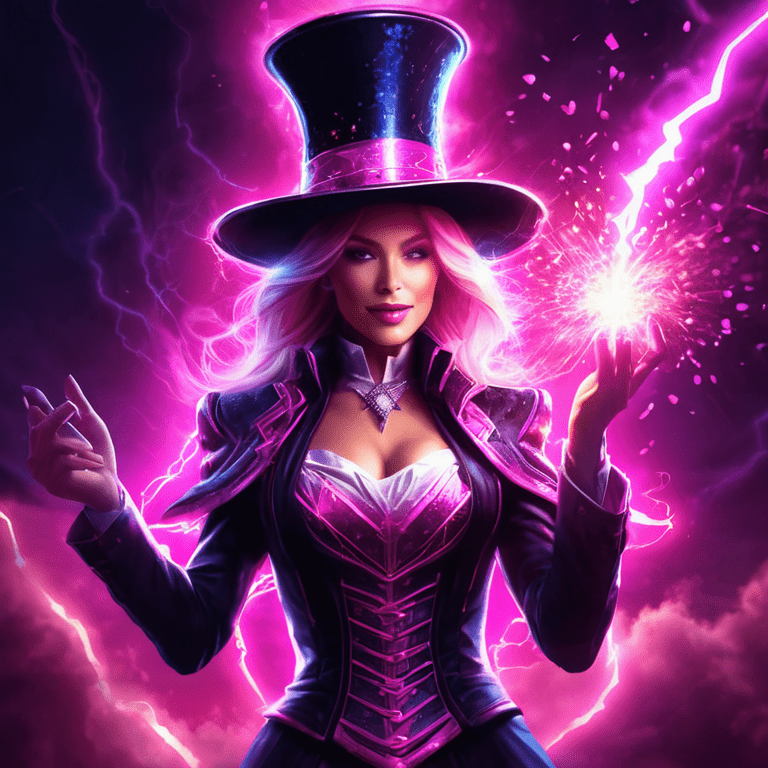 A human female in a magical hat, doing a magic trick in glowing pink lightning sparks. Inspiring, highly detailed promotional art.