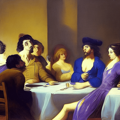 A lonely person in the middle of a party, old oil painting in the style of francisco de goya, blue and purple colors.