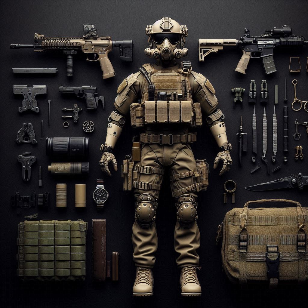 Knolling photography of a military trooper with a black background