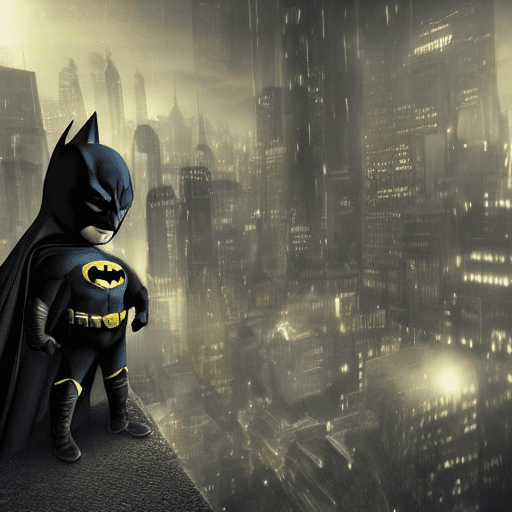A little boy dressed as batman, full body, chibi , action pose, best quality, masterpiece, details), city of gotham in the background, volumetric lighting, dynamical lighting, reflection, reflective textures, depth of field, dramatic shadows, chibi style, highly intricate, highly detailed, highly textured hair, highly textured skin, highly textured clothing, quality render,