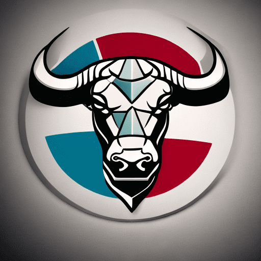 An abstract, two-colored round logo of a serious bull head facing right. The bull head is made of a combination of straight and curved lines. There are symbols of financial growth, such as a rising graph line and a dollar sign, integrated into the bull head. Additionally, there are symbols of cryptocurrency, such as a bitcoin symbol and a cryptocurrency chart.